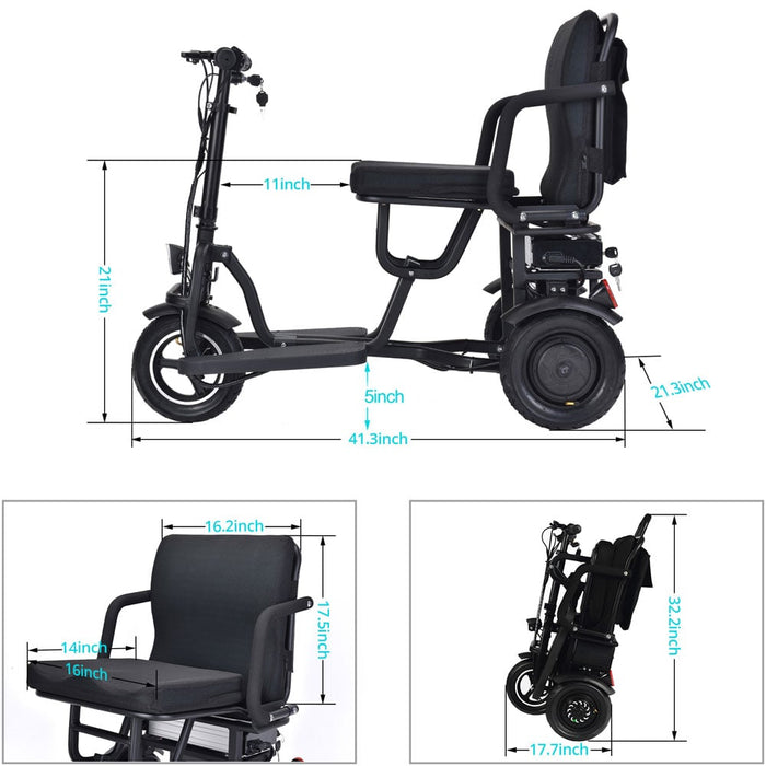 MotoTec Folding Mobility Electric Trike 48v 700w Dual Motor Lithium Black MT-FOLD-TRK-700