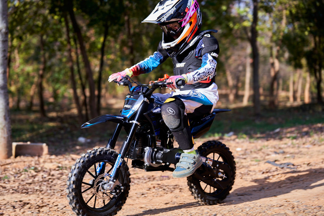MotoTec Thunder 50cc 2-Stroke Kids Gas Dirt Bike (Top Speed: 25 mph - adjustable speed limiter) Blue  MT-Thunder-50cc_Blue