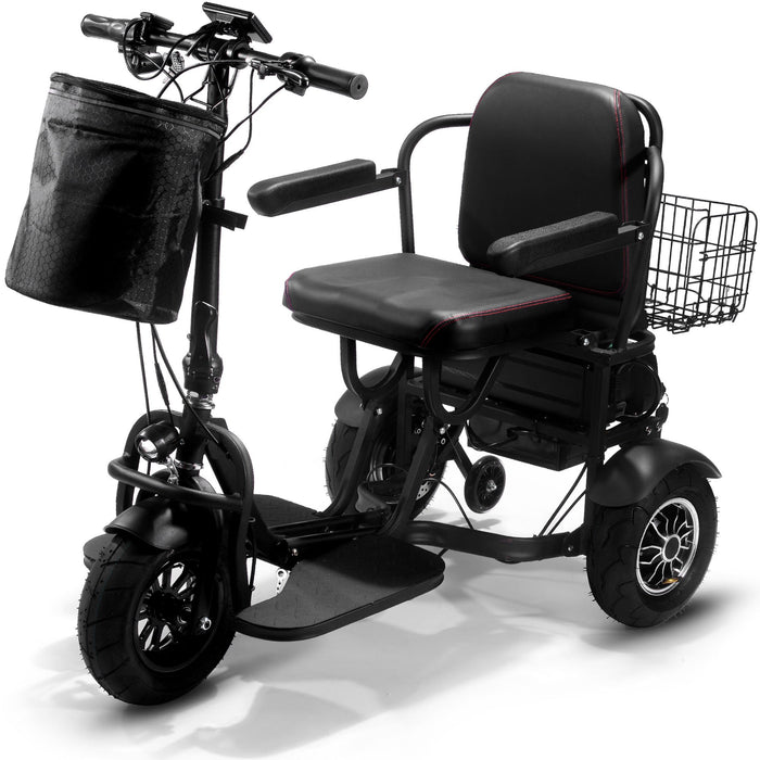 MotoTec Folding Mobility Electric Trike 48v 1000w Dual Motor Lithium Black   3 Selectable Forward Speeds: 5.5, 10, 17 mph  MT-FOLD-TRK-1000