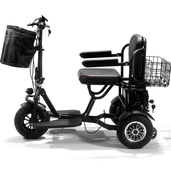 MotoTec Folding Mobility Electric Trike 48v 1000w Dual Motor Lithium Black   3 Selectable Forward Speeds: 5.5, 10, 17 mph  MT-FOLD-TRK-1000